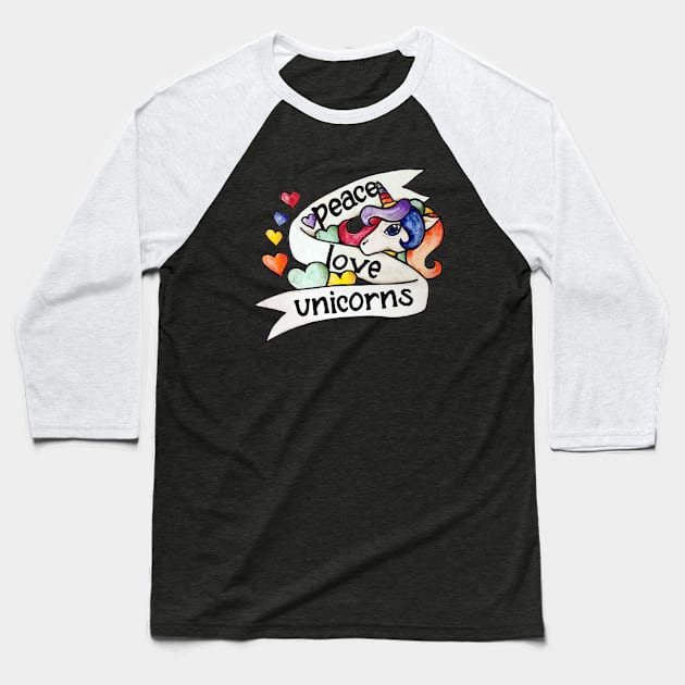 Peace Love and Unicorns Baseball T-Shirt by bubbsnugg